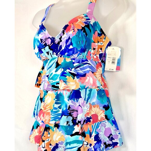 Swim Solutions Triple Tier Colorful Floral Printed Tankini Swim Top, US 8 NWT - Picture 4 of 9